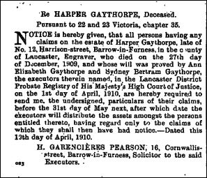 London Gazette 22 April 1910 Harper Gaythorpe